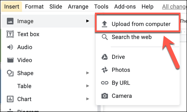 Click click Insert > Image > Upload from computer to insert an image from your PC to google slides