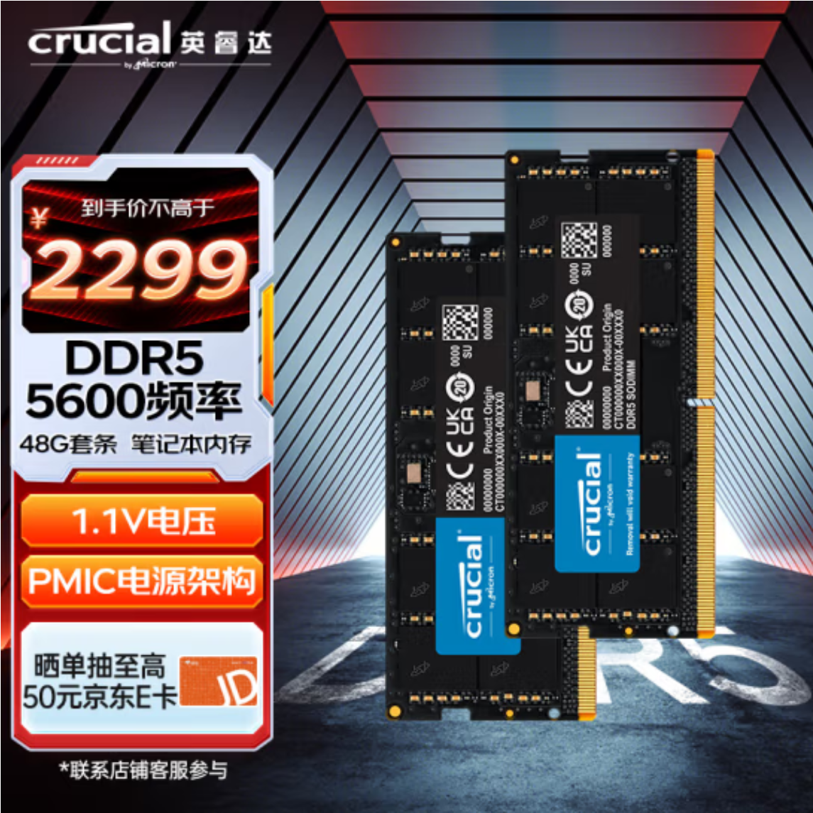 英睿达（Crucial）96GB（48GB×2）套装 DDR5 5600频率