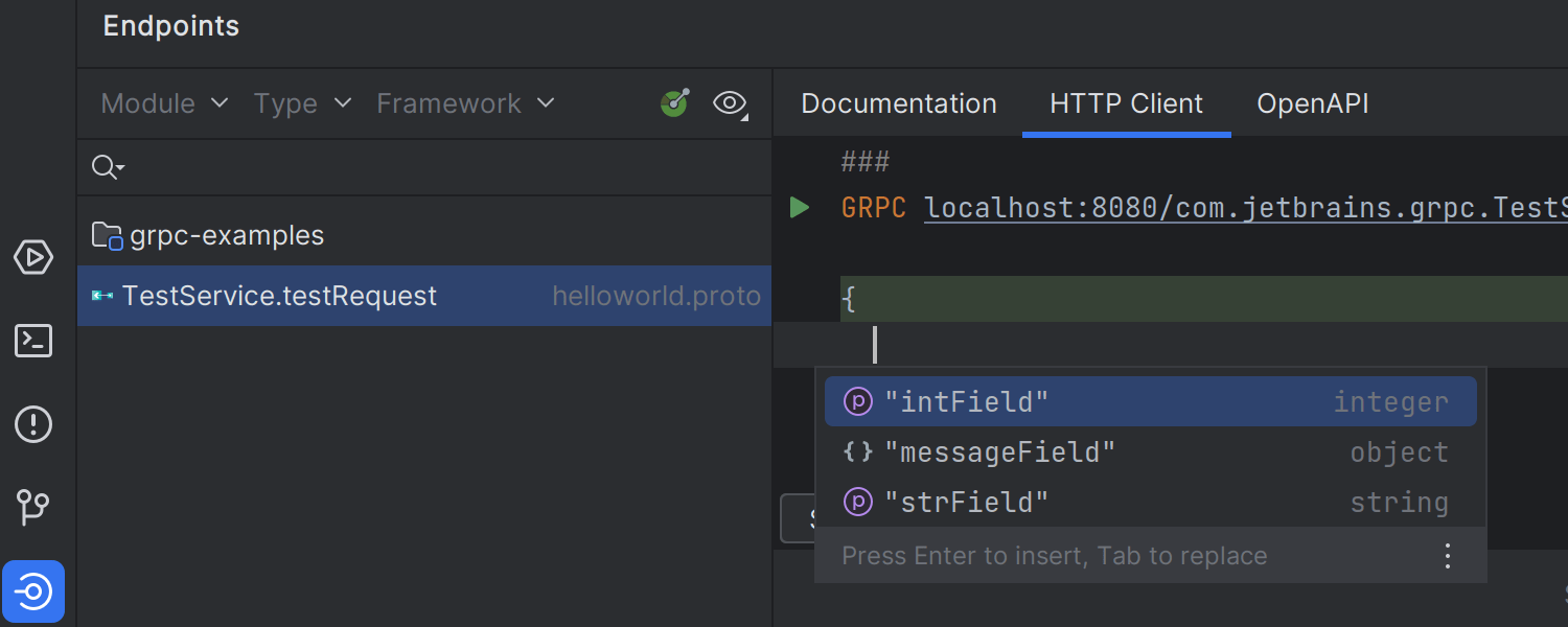 エンドポイント ツール ウィンドウから gRPC リクエストを実行するオプション