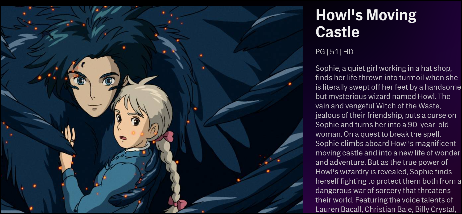 The description of "Howl's Moving Castle" on HBO Max.