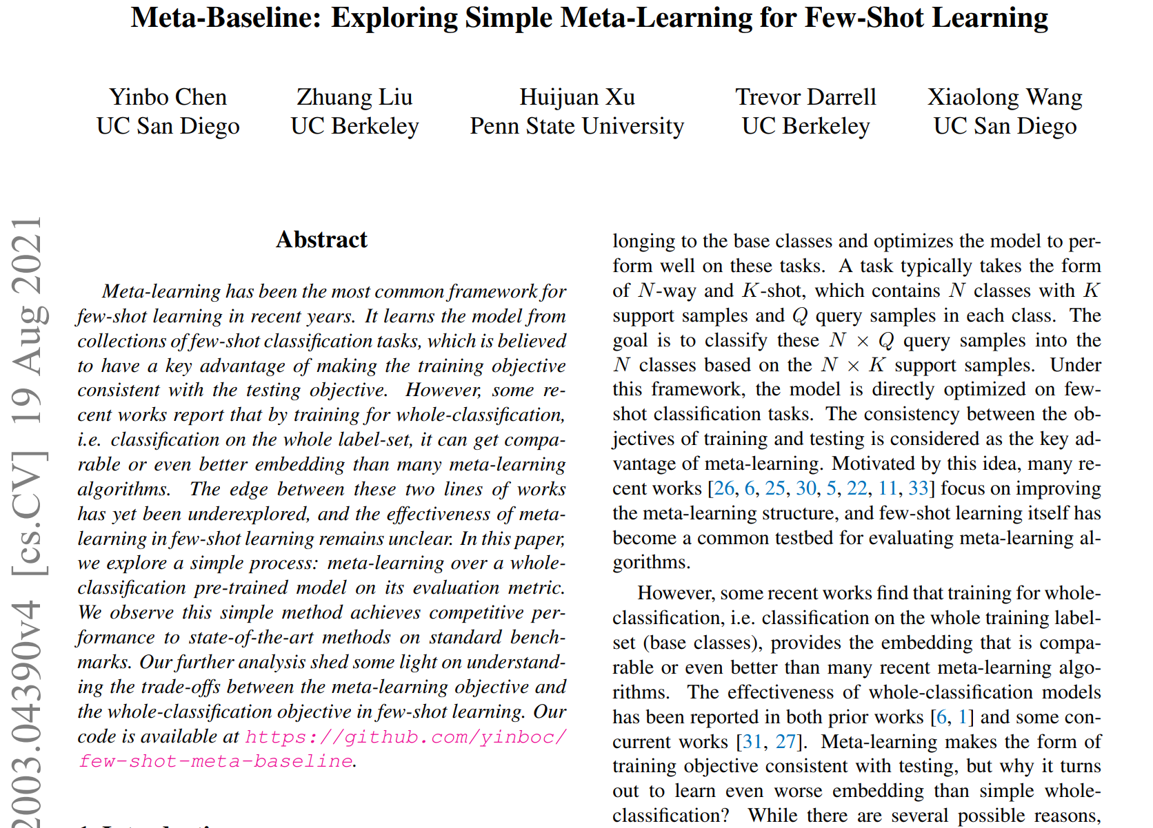 论文解读：Meta-Baseline: Exploring Simple Meta-Learning for Few-Shot Learning