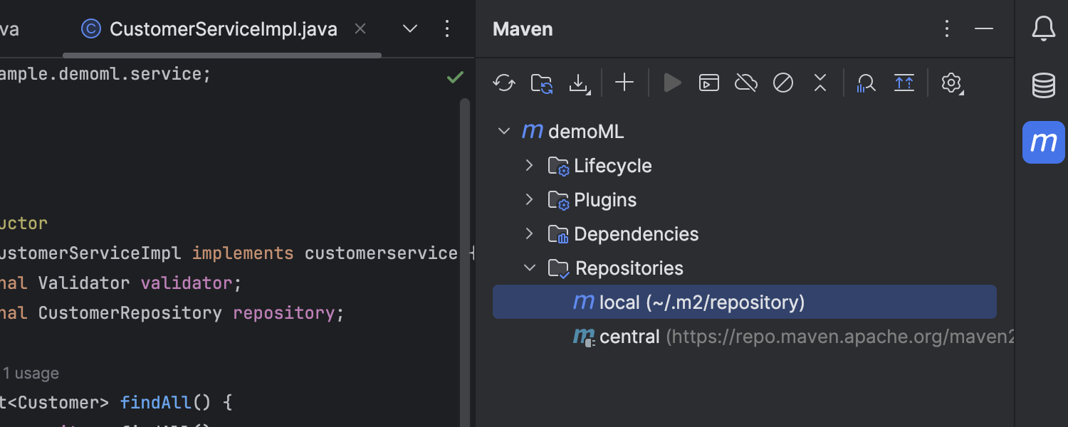 Maven 工具窗口中的 Maven 仓库