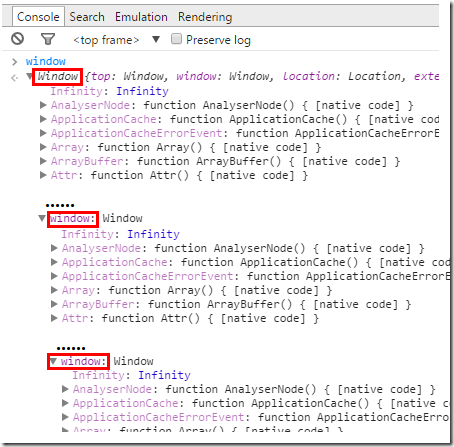 javascript window 对象的自指递归