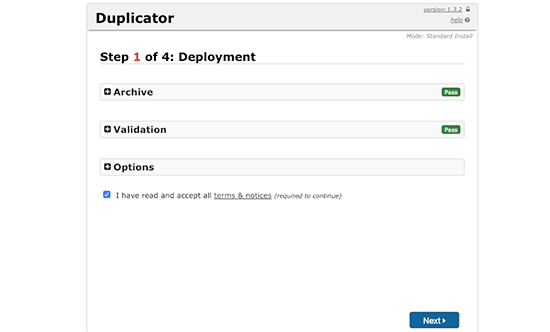 Duplicator installer wizard