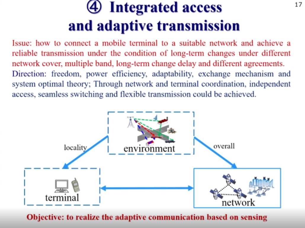 问题:如何在不同网络覆盖、多频段、长期变化时延和不同协议的情况下，将移动终端连接到合适的网络，实现长期变化的可靠传输。方向:自由度、功率效率、适应性、交换机制和系统优化理论;通过网络与终端协同，实现独立接入、无缝切换、灵活传输。