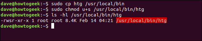 The "sudo cp htg," "/usr/local/bin sudo chmod u+s /usr/local/bin/htg," and "ls -hl /usr/local/bin/htg" commands in a terminal window.