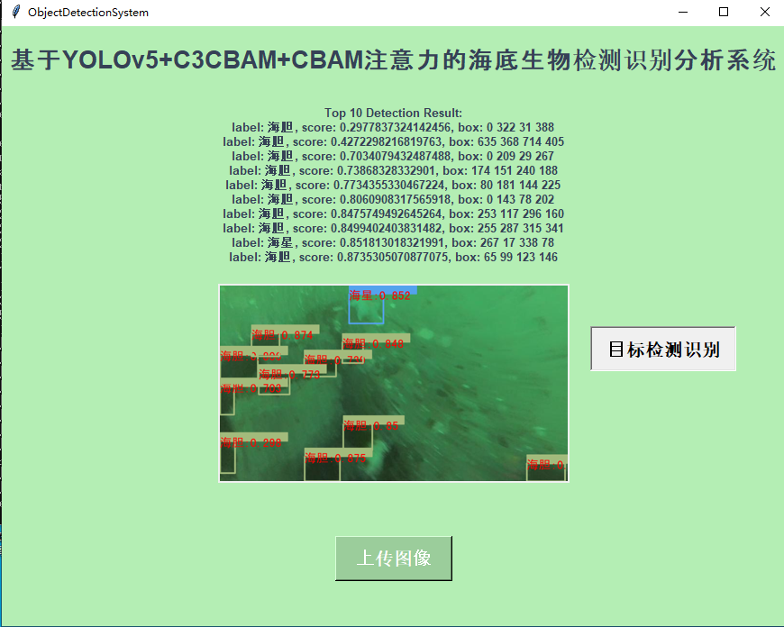 基于YOLOv5+C3CBAM+CBAM注意力的海底生物[海参、海胆、扇贝、海星]检测识别分析系统