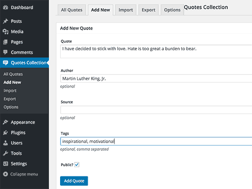 Adding quotes to your WordPress site