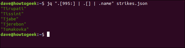 The "jq ".[995:] | .[] | .name" strikes.json" command in a terminal window.