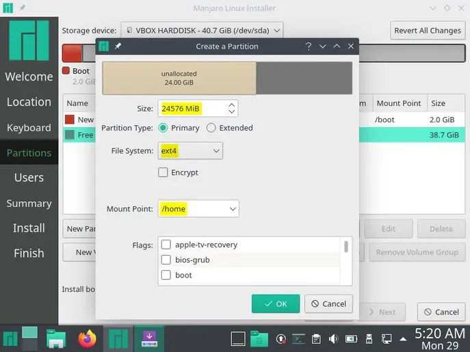 home-partition-Creation-Manjaro21-Installation