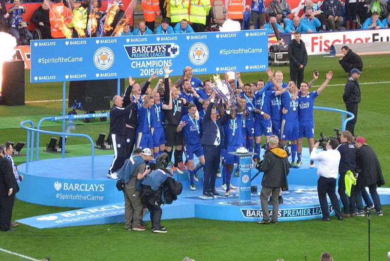 Leicester City lifting the Premier League Trophy