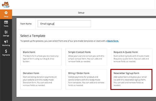 Adding new Newsletter Signup Form in WPForms Adding new Newsletter Signup Form in WPForms