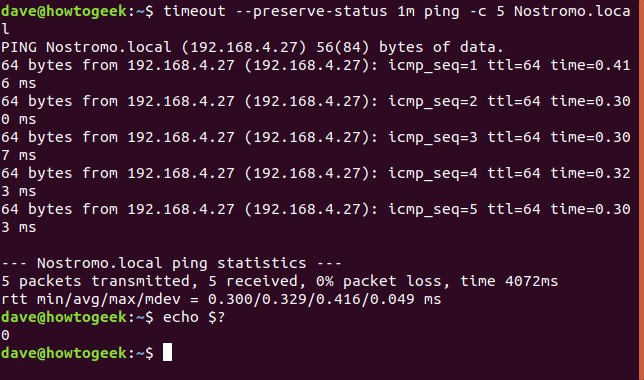 timeout --preserve-status 1m ping -c 5 Nostromo.local in a terminal window