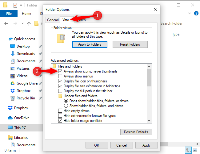 Setting File Explorer to always show icons and never thumbnails