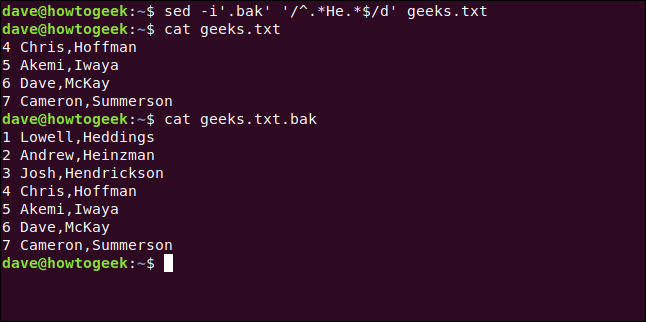 The "sed -i'.bak' '/^.*He.*/d' geeks.txt" and "cat geeks.txt.bak" commands in a terminal window.