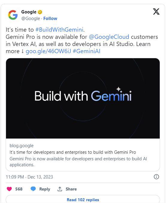 谷歌宣布向云计算客户开放 Gemini Pro，开发者可用其构建应用
