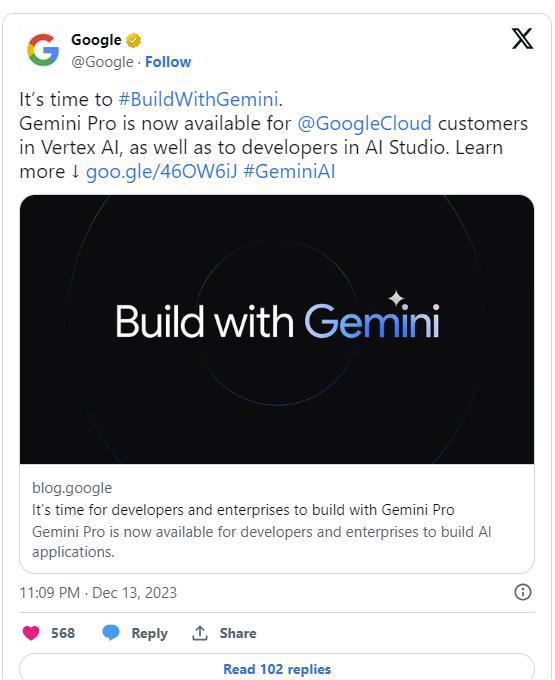 <span style='color:red;'>谷</span><span style='color:red;'>歌</span>宣布向<span style='color:red;'>云</span>计算<span style='color:red;'>客户</span>开放 <span style='color:red;'>Gemini</span> Pro，开发者可用其构建应用