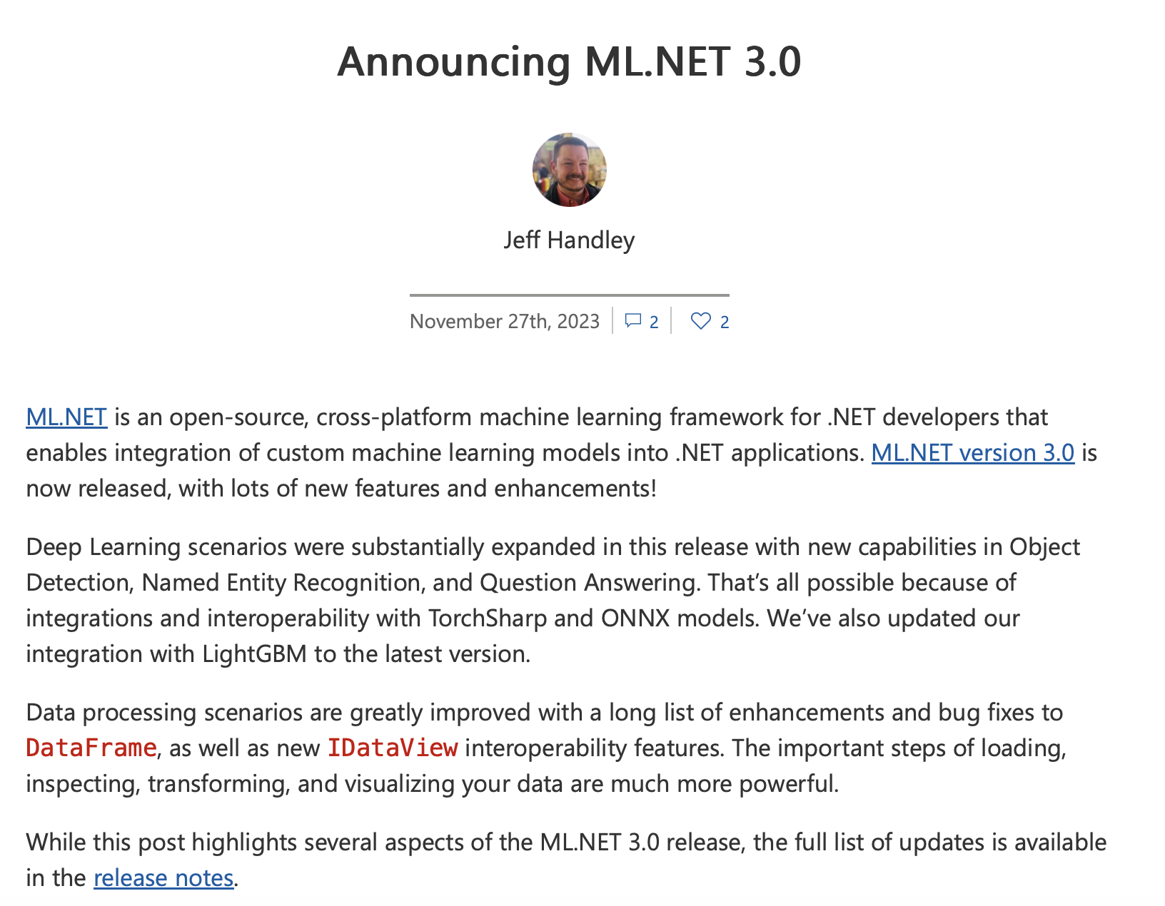 微软推出跨平台框架 ML.NET 3.0 版：强化深度学习、加强AI效率