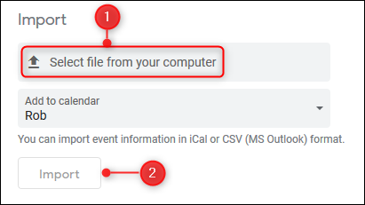 The file selector and Import button