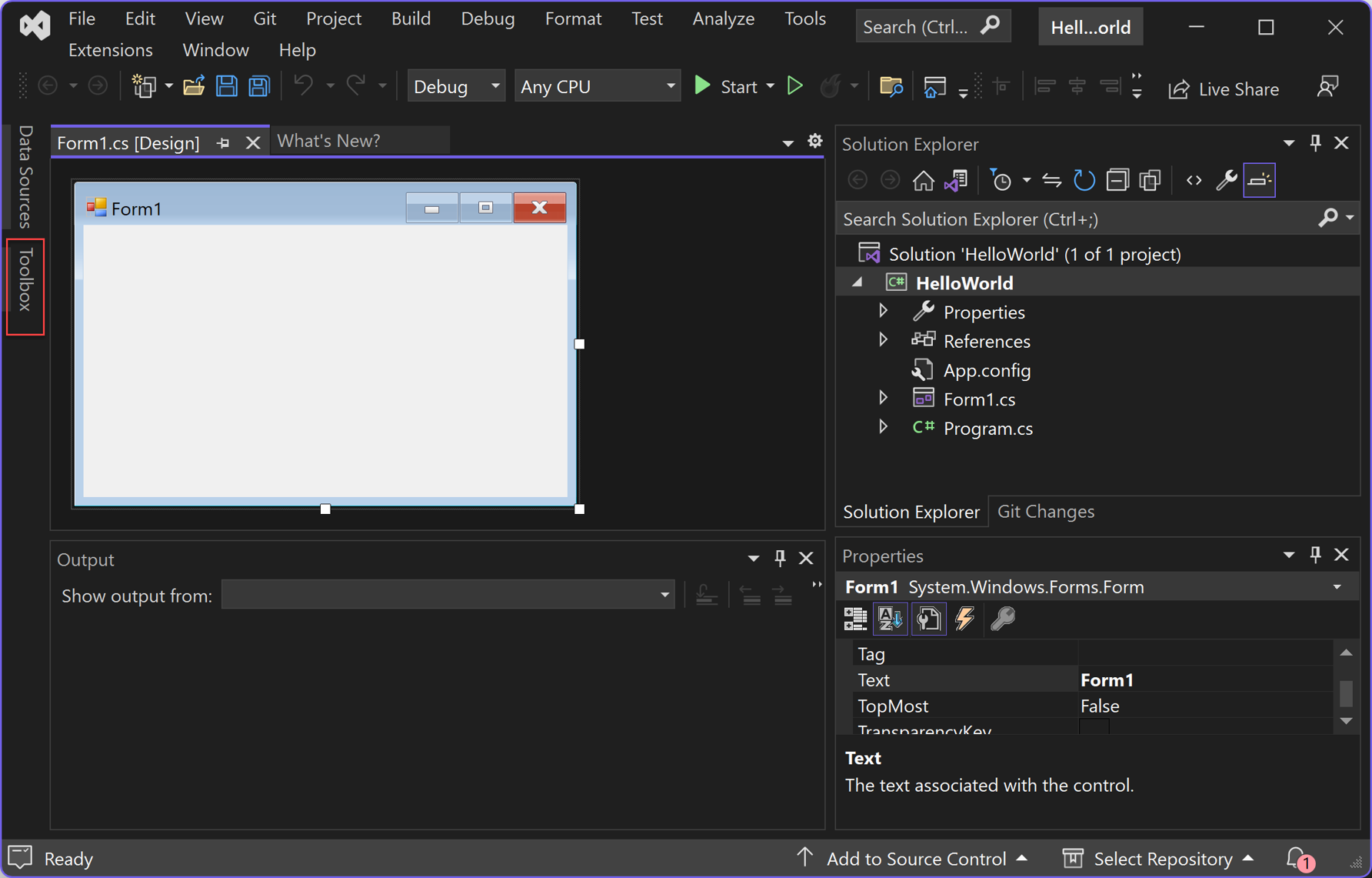 csharp-winform-hello-world-project-toolbox.png?view=vs-2022