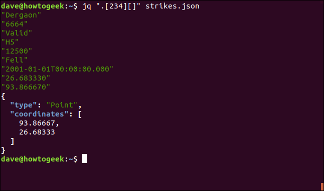 The "jq "[234][]" strikes.json" command in a terminal window.