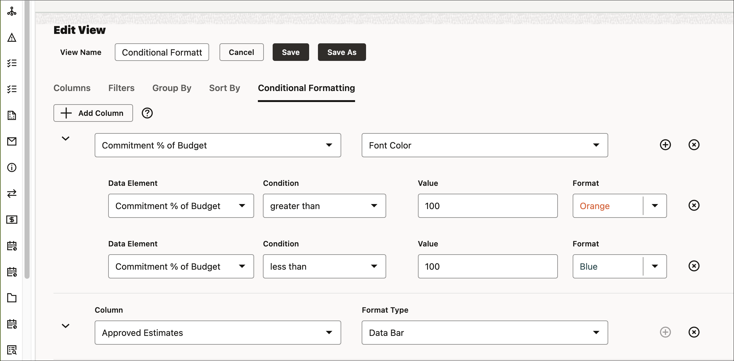 Screen image of conditional formatting options, showing how different values can result in different text colors and data bars.