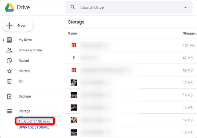 Click the storage indicator in your Drive to sort files by size.