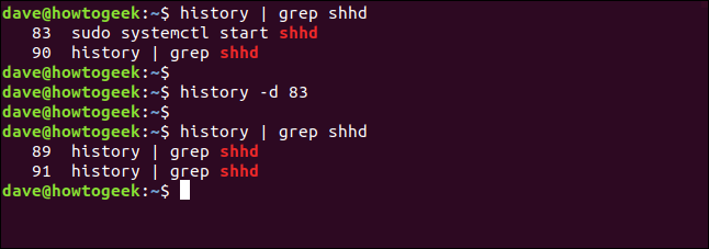 The "history | grep shhd" command in a terminal window.