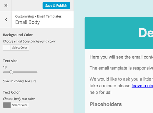 Font size and color for the email body