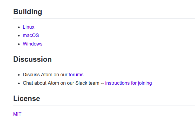 Section of the readme.md file for the atom editor on github.