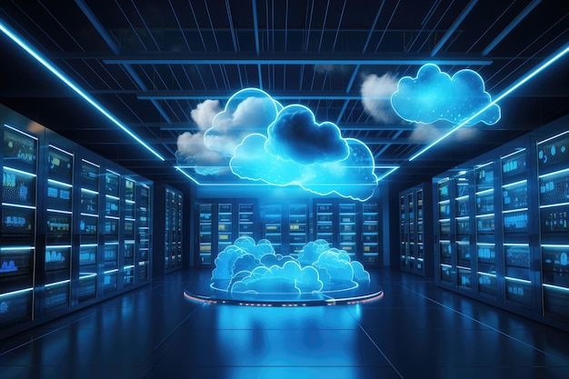 Cloud computing concept with server room and blue glowing lights 3D  rendering Backup cloud data service center 3D rendering AI Generated |  Premium AI-generated image