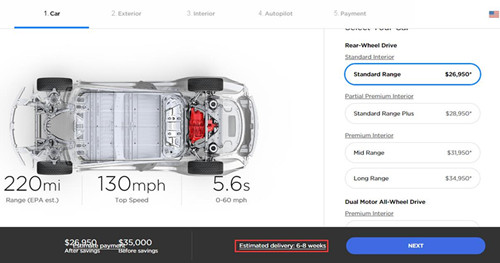 特斯拉推迟标准续航版Model 3交付时间 较原定时间推迟4个周