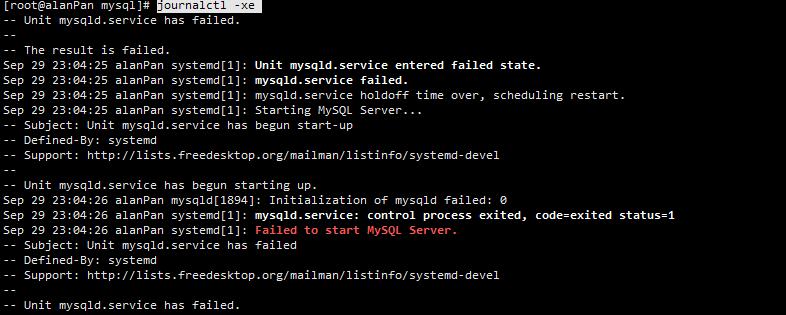 LInux Mysql 启动时报错： Job for mysqld.service failed because the control process exited with err...解决方法