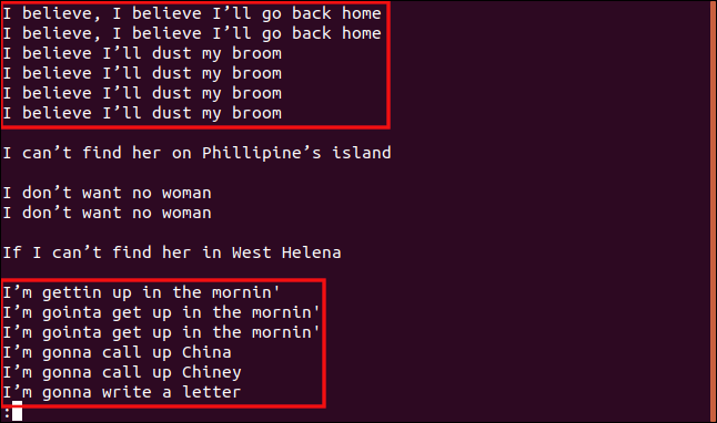 Output from the "uniq -w 3 --group=append sorted.txt | less" command in a terminal window.