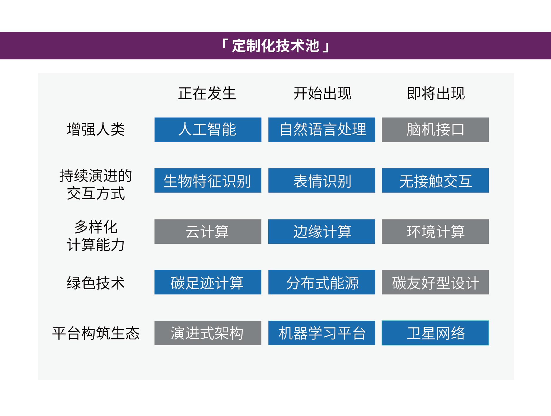 定制化技术池示例，灰色技术框为在评估过程中被筛选掉的技术