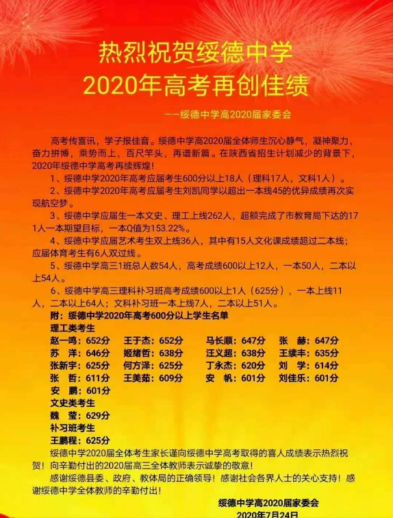 榆林华栋中学高考喜报图片