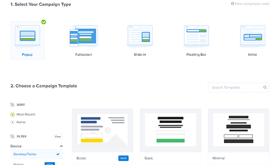 Choose optin type and template