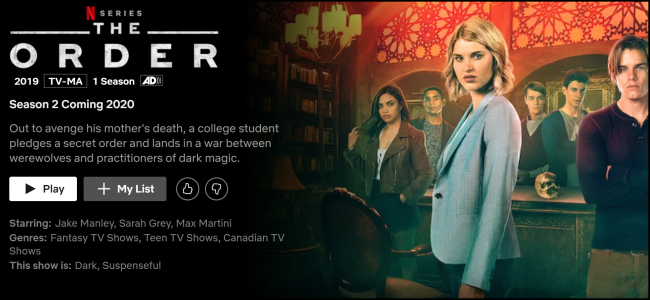 "The Order" watch page on Netflix.