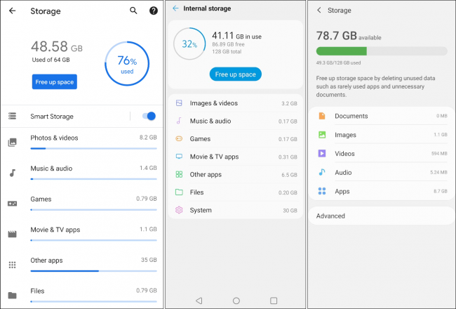 pixel LG and samsung storage screens