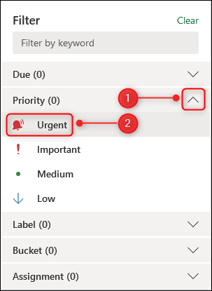 The Filter option showing the Priority filters.