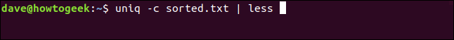 The "uniq -c sorted.txt | less" command in a terminal window.