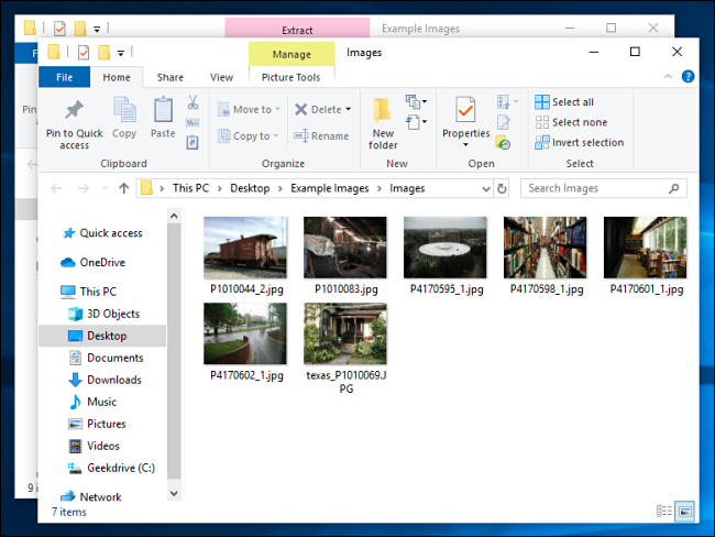 Files extracted from a Zip file in Windows 10.