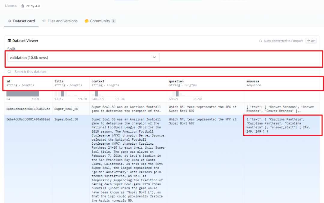 三.QA任务  主要是处理脚本P-tuning-v2/tasks/qa/dataset.py文件。1.SQuAD 1.1数据集  SQuAD是由Rajpurkar等人提出的一个抽取式QA数据集。该数据集包含10万个（问题，原文，答案）三元组，原文来自于536篇维基百科文章。对于每个文章的问题(<=5)，有很多标注人员标注答案，且答案出现在原文中。https://huggingface.co/datasets/squad  训练集数据如下所示：  验证集数据如下所示：2.SQuAD 2.0数据集  相较SQuAD 1.1中的10万问答,SQuAD 2.0又新增了5万个人类撰写的问题——而且问题不一定有对应答案。https://huggingface.co/datasets/squad_v2  训练集数据如下所示：  验证集数据如下所示：