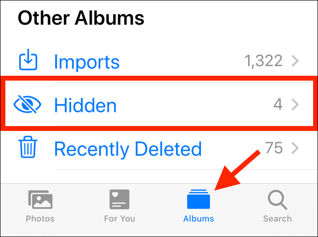 Tap on Albums then tap on Hidden to show the hidden photos
