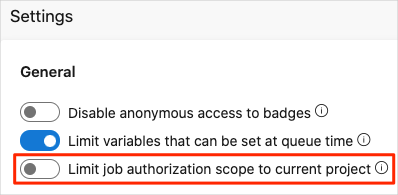 Azure DevOps showing how to set the job authorization scope setting