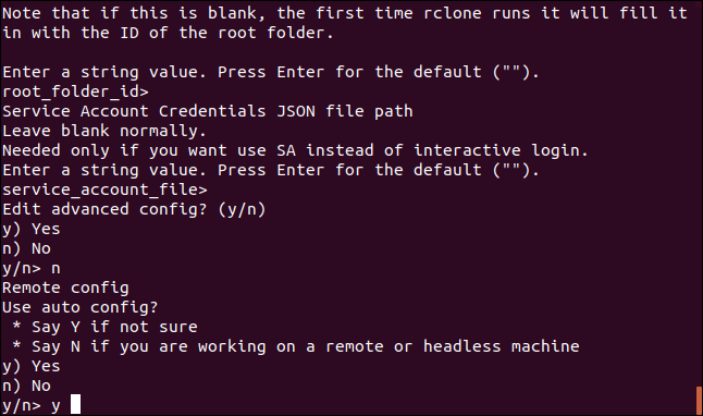 The "use auto config" menu in a terminal window