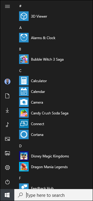 start menu with icons showing for folders
