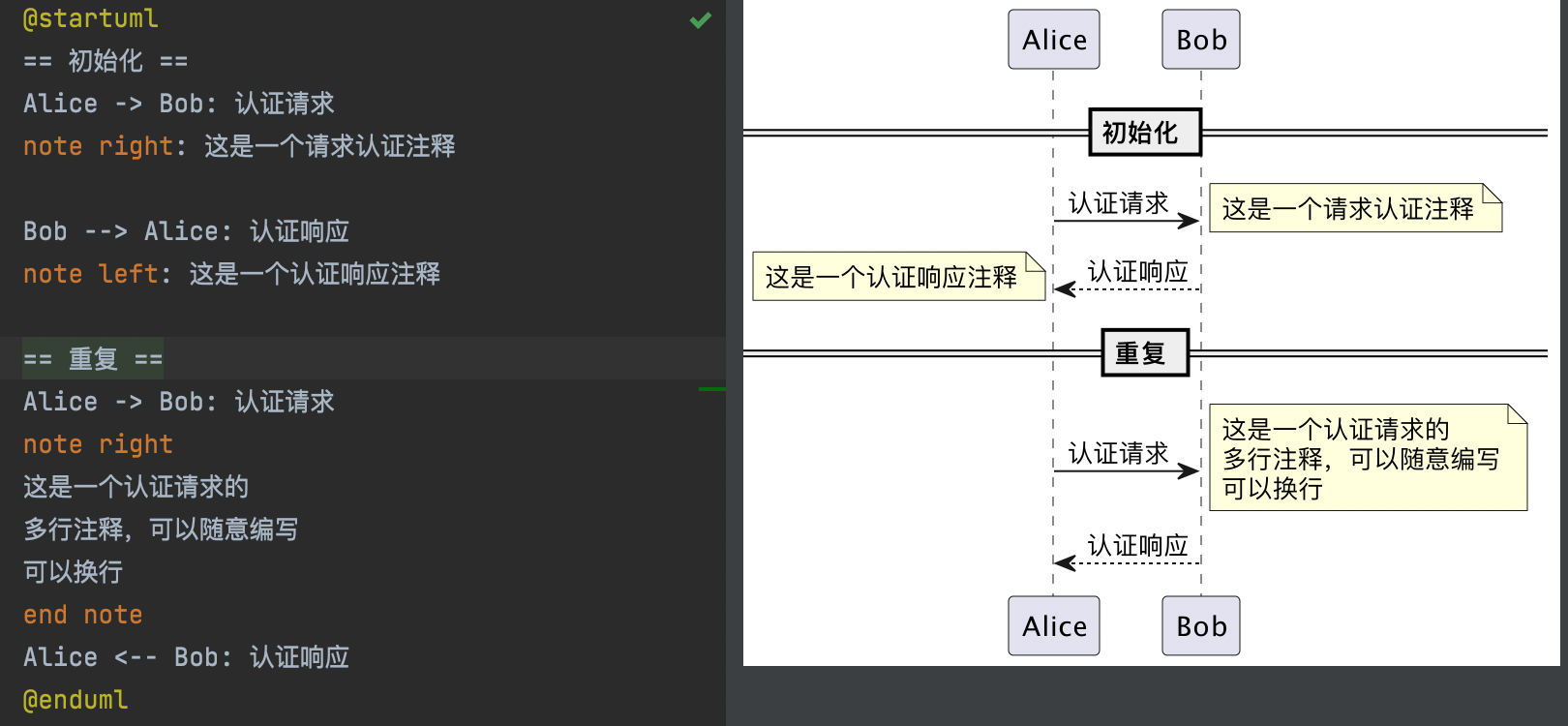 PlantUML 时序图注释示例