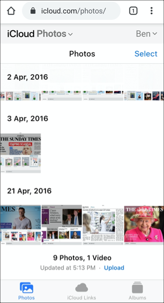 The Photos section of the iCloud website, shown on Android