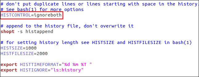 The "HISTCONTROL" entry in the ".bashrc" file in gedit.